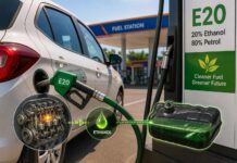 E20 Petrol Insurance Claim: Can Using E20 Fuel Lead to Claim Rejection? Government Clears the Air Motorist filling a vehicle with E20 petrol at a fuel station in India, illustrating the E20 petrol insurance claim clarification.