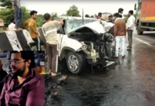 Atiq Ahmed’s Youngest Son Aban Ahmed Dies in High-Speed Jhansi Road Accident Accident site on the Jhansi Kanpur Highway after a speeding car crashed into a median