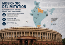 Mission 360 Delimitation: BJP’s 2/3 Strategy Indian Parliament and proposed Lok Sabha delimitation map showing changing state representation