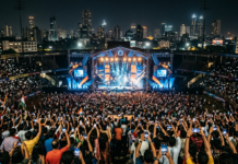 Why Concerts Have Become India’s New Entertainment Economy Massive live music concert in an Indian stadium with thousands of fans, dramatic stage lighting, and visuals representing India’s growing concert economy, tourism and hospitality.